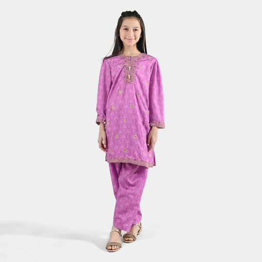 Girls Poly Lawn 2Pcs (Chamak) - Purple