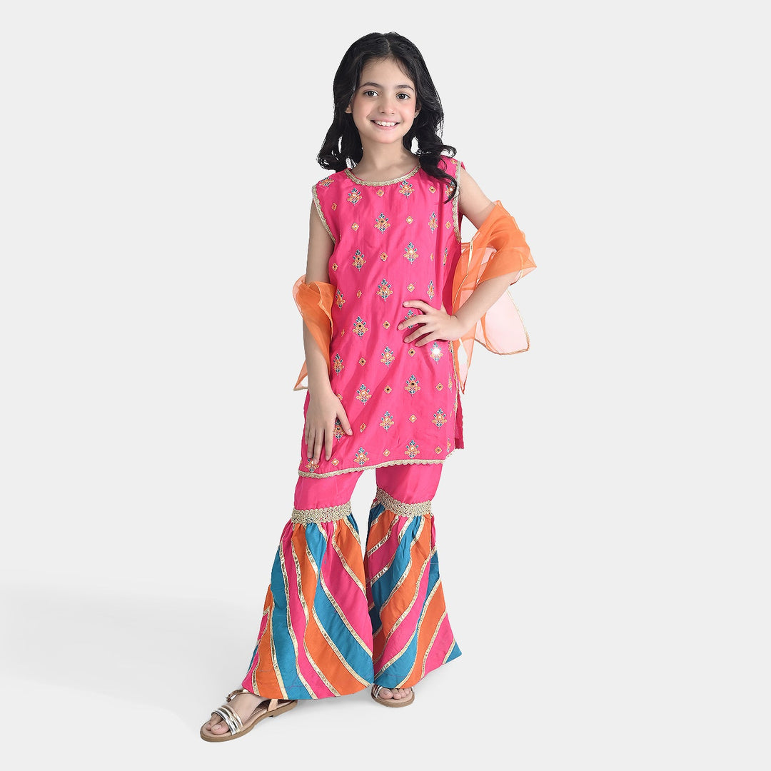 Girls Raw Silk 3 Pcs Bahar-Pink