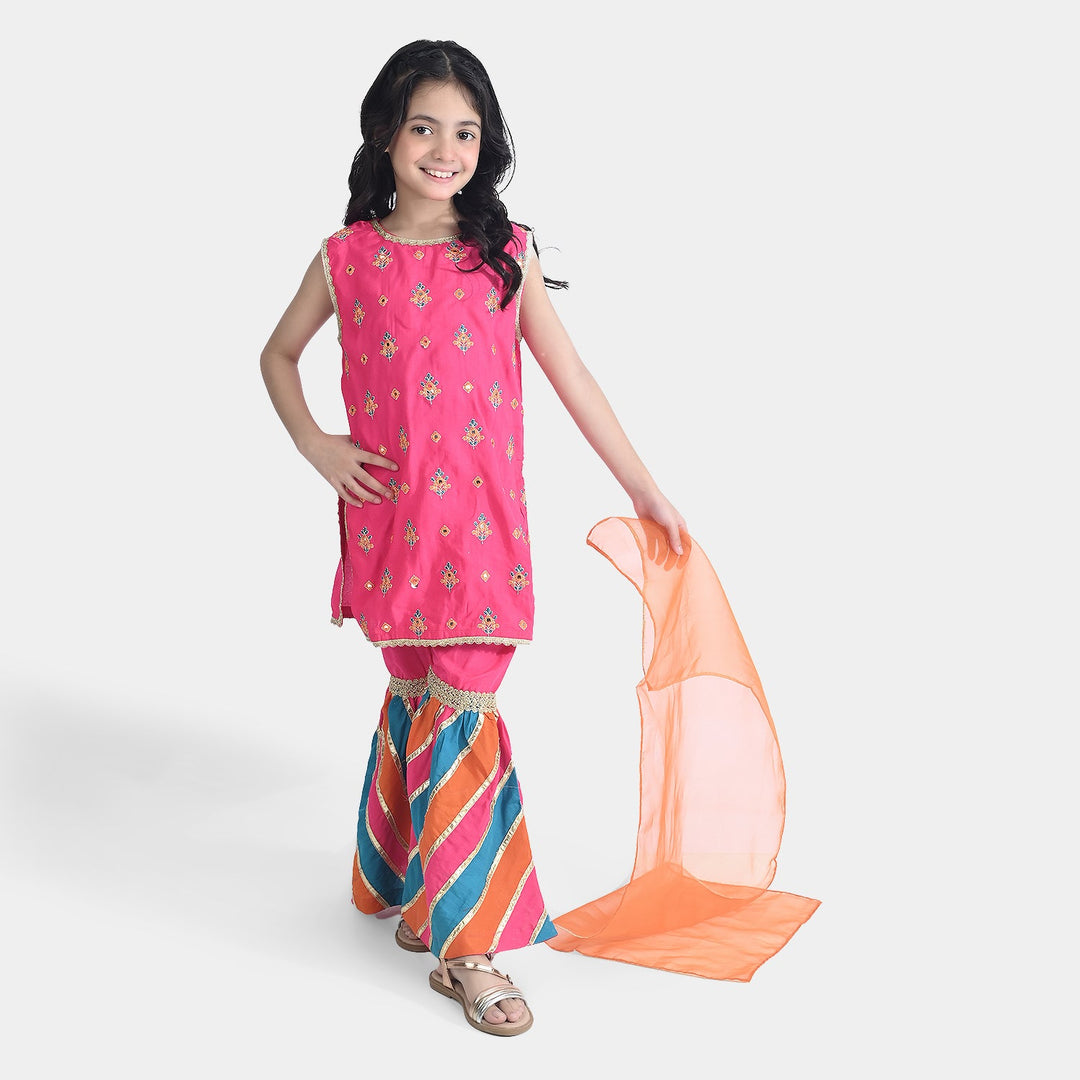 Girls Raw Silk 3 Pcs Bahar-Pink