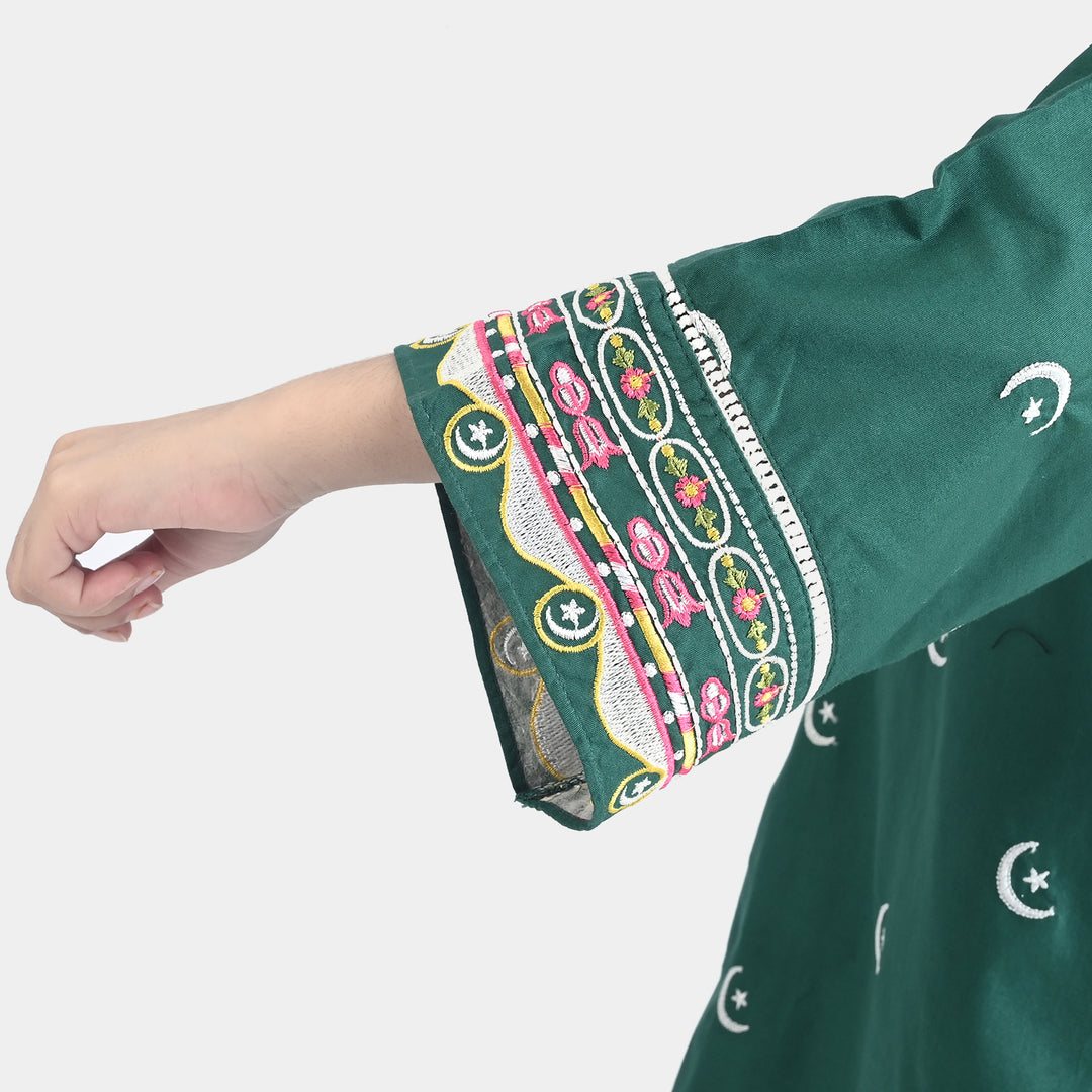 Girls Ind Emb 2Pcs Chand Sitara-GREEN Cotton Poplin