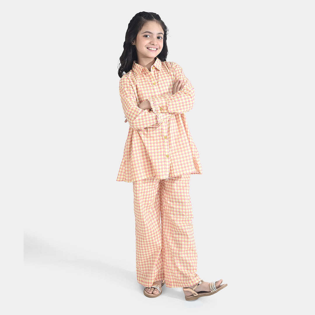 Girls Cotton Poplin Co-Ord Set Checks-YELLOW
