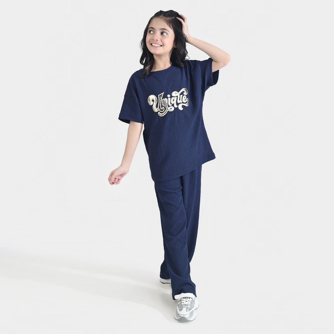 Girls Poly Crinkle 2 Piece Suit Unique-Navy Blue