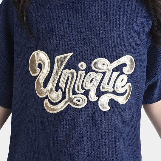 Girls Poly Crinkle 2 Piece Suit Unique-Navy Blue