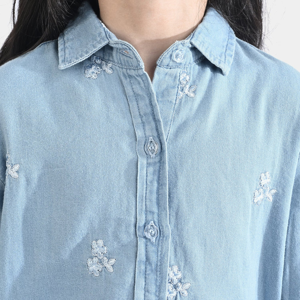 Girls Tencel Denim (Light Denim) Emb Top-Ice Blue