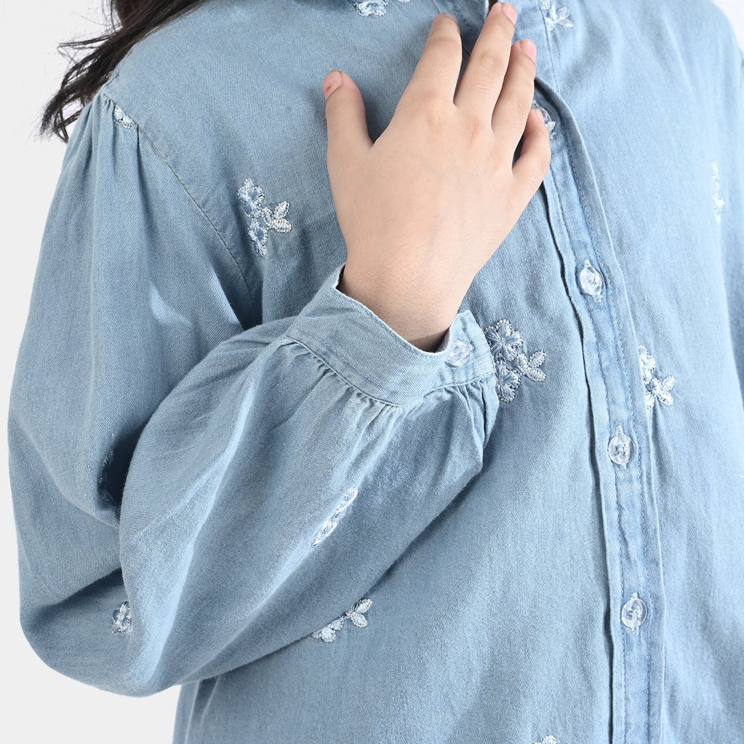 Girls Tencel Denim (Light Denim) Emb Top-Ice Blue