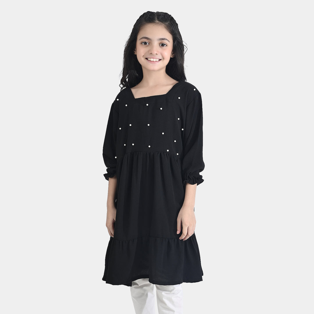Girls Poly Mesh Casual Frock (Monochrome) - Black