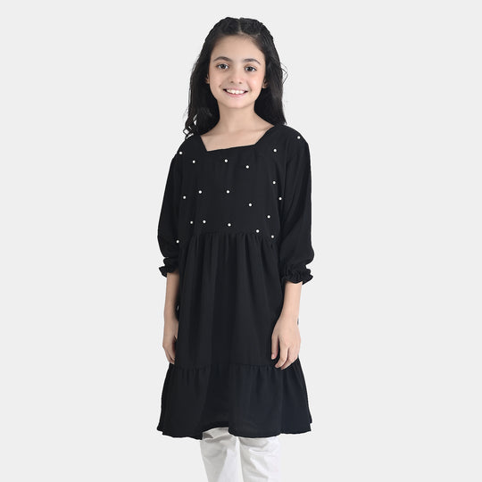 Girls Poly Mesh Casual Frock (Monochrome) - Black