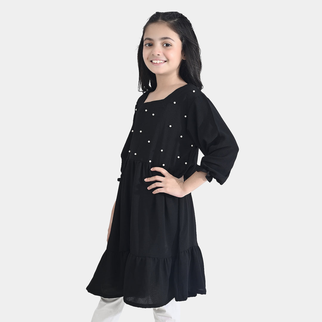 Girls Poly Mesh Casual Frock (Monochrome) - Black