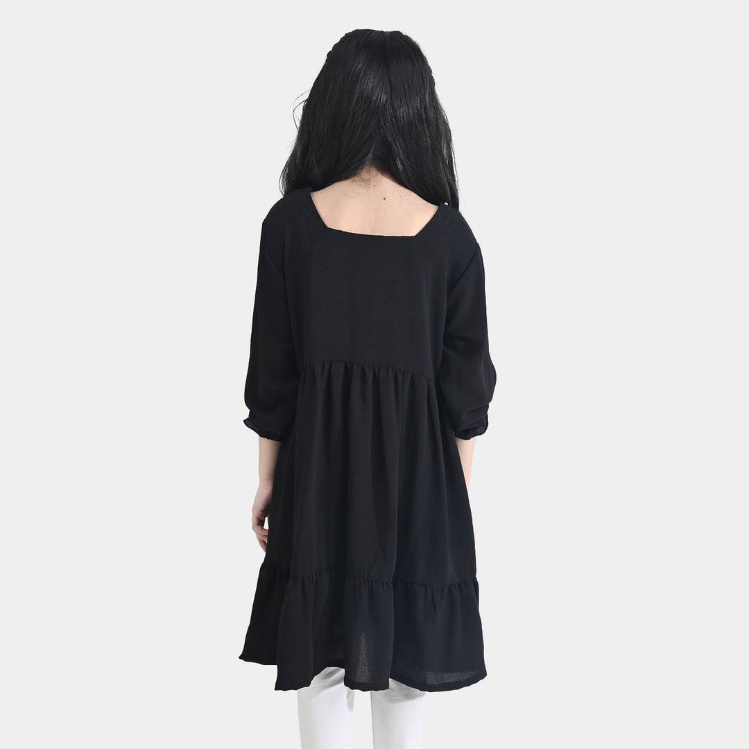 Girls Poly Mesh Casual Frock (Monochrome) - Black