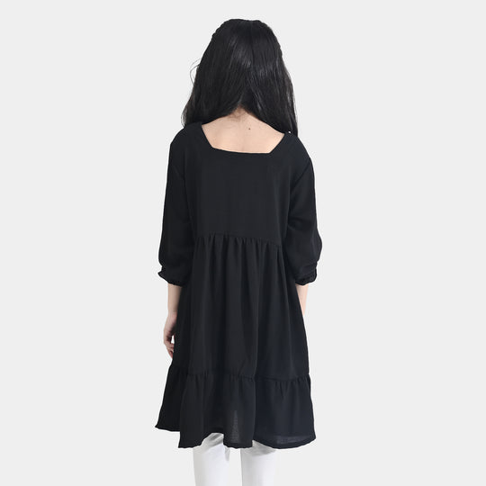 Girls Poly Mesh Casual Frock (Monochrome) - Black