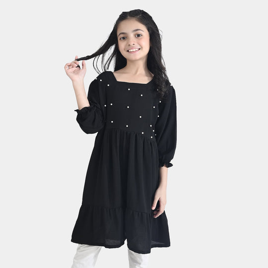 Girls Poly Mesh Casual Frock (Monochrome) - Black