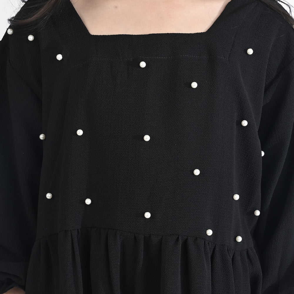 Girls Poly Mesh Casual Frock (Monochrome) - Black