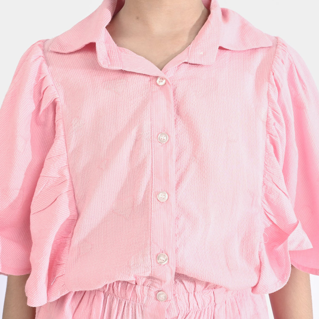 Girls Poly Cotton Jumpsuit Jacquard Hearts-Pink
