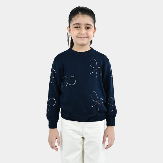Girls Cotton Sweater Bow Studs-BLUE
