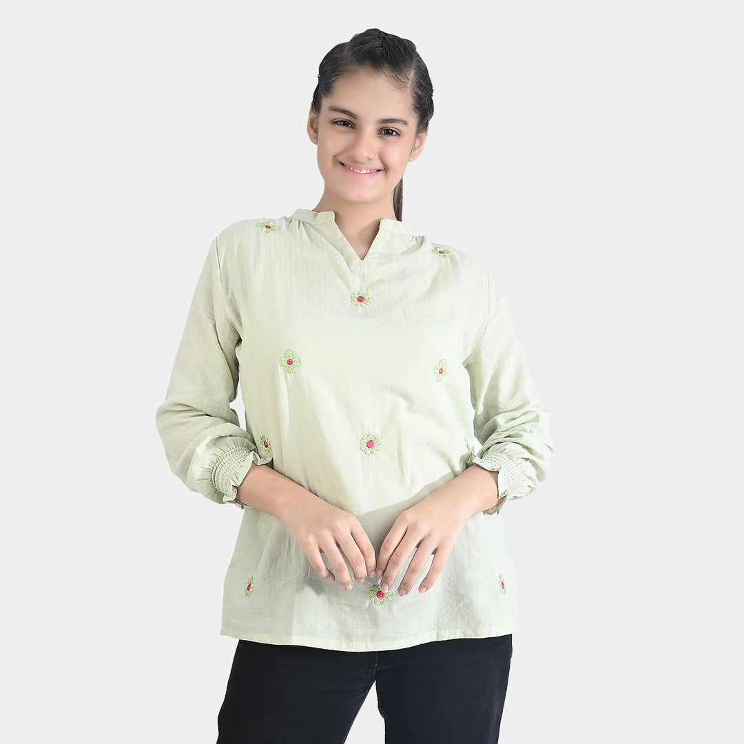 Teen Girls Cotton Casual Tops - Light Green