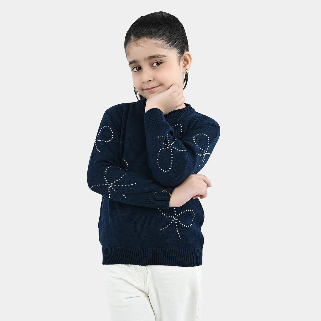 Girls Cotton Sweater Bow Studs-BLUE