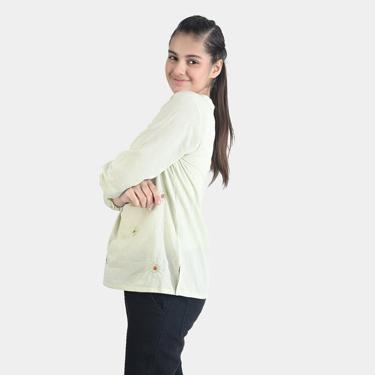 Teen Girls Cotton Casual Tops - Light Green