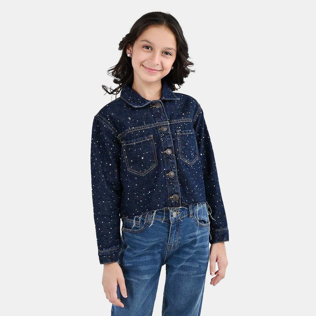 Girls Denim Rigid Woven Jacket Studs - Dark BLUE