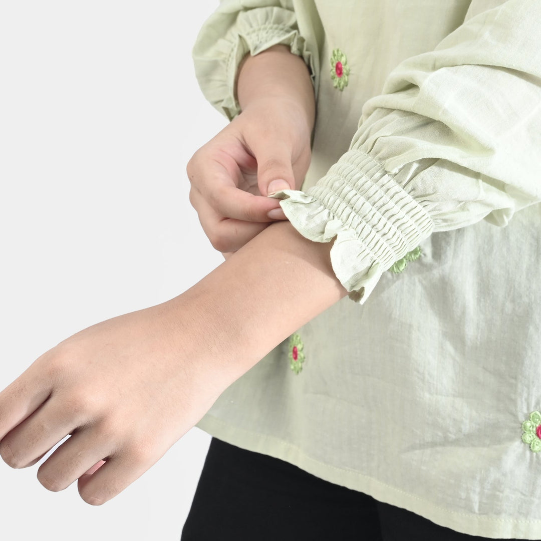 Teen Girls Cotton Casual Tops - Light Green