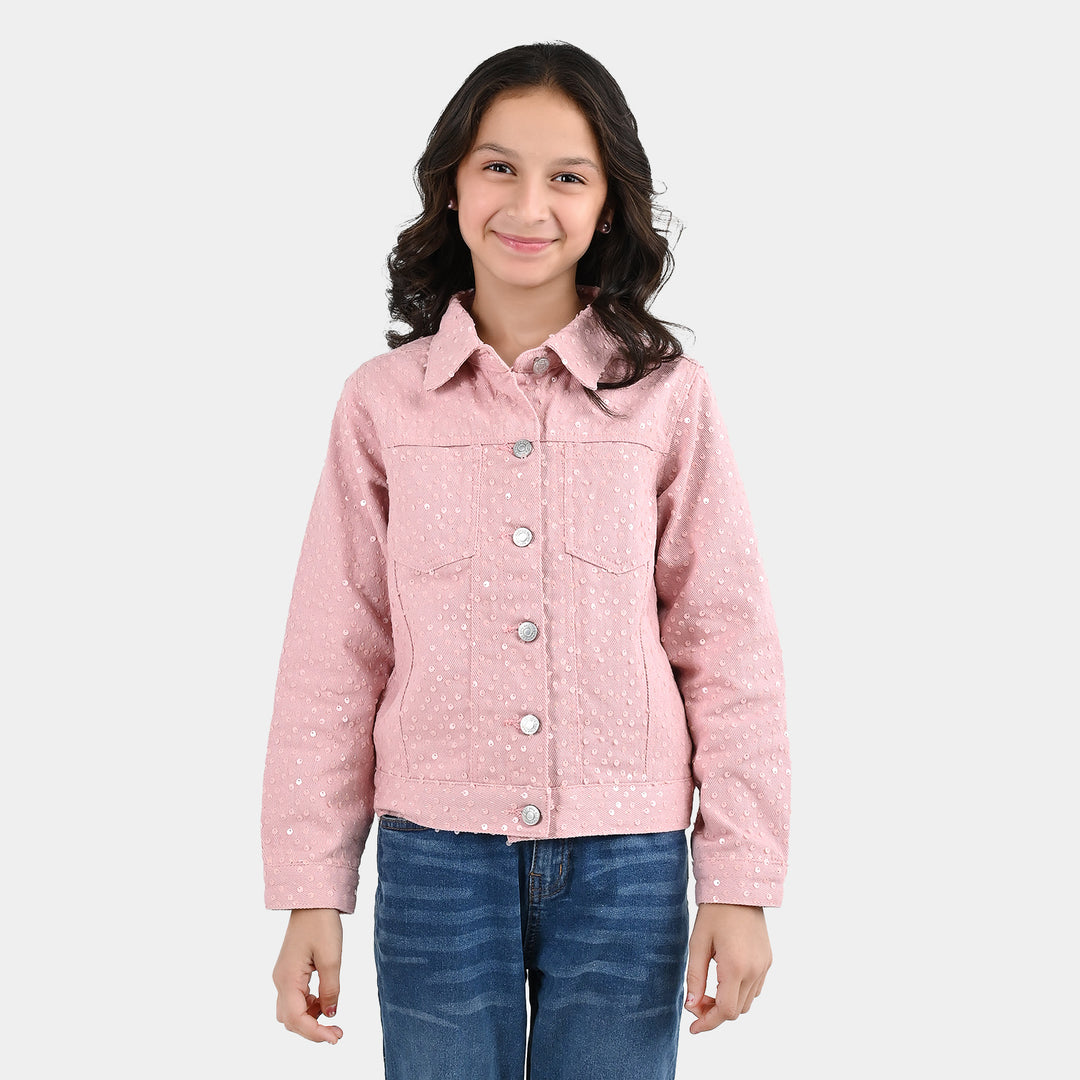 Girls Cotton Twill Woven Jacket Sequence Pink