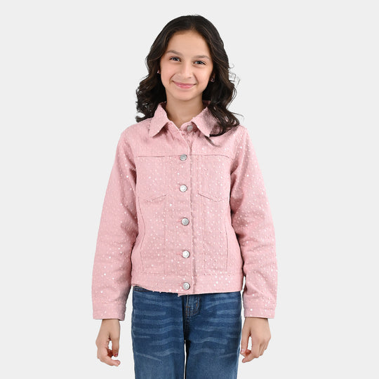 Girls Cotton Twill Woven Jacket Sequence Pink