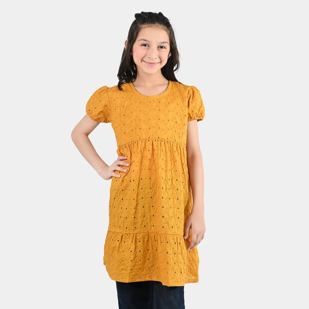 Girls Poly Crinkle Embroidered Frock - Golden Glow
