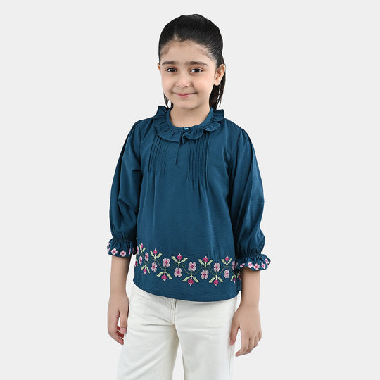 Girls Polyester Emb Top Cross Stitch- Teal