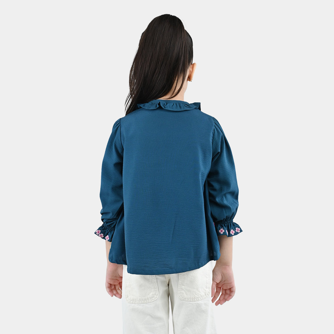 Girls Polyester Emb Top Cross Stitch- Teal