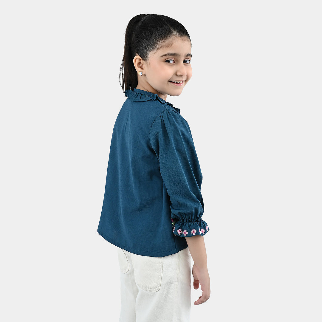 Girls Polyester Emb Top Cross Stitch- Teal