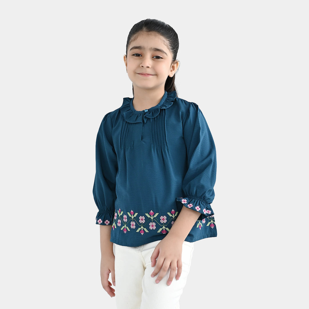 Girls Polyester Emb Top Cross Stitch- Teal