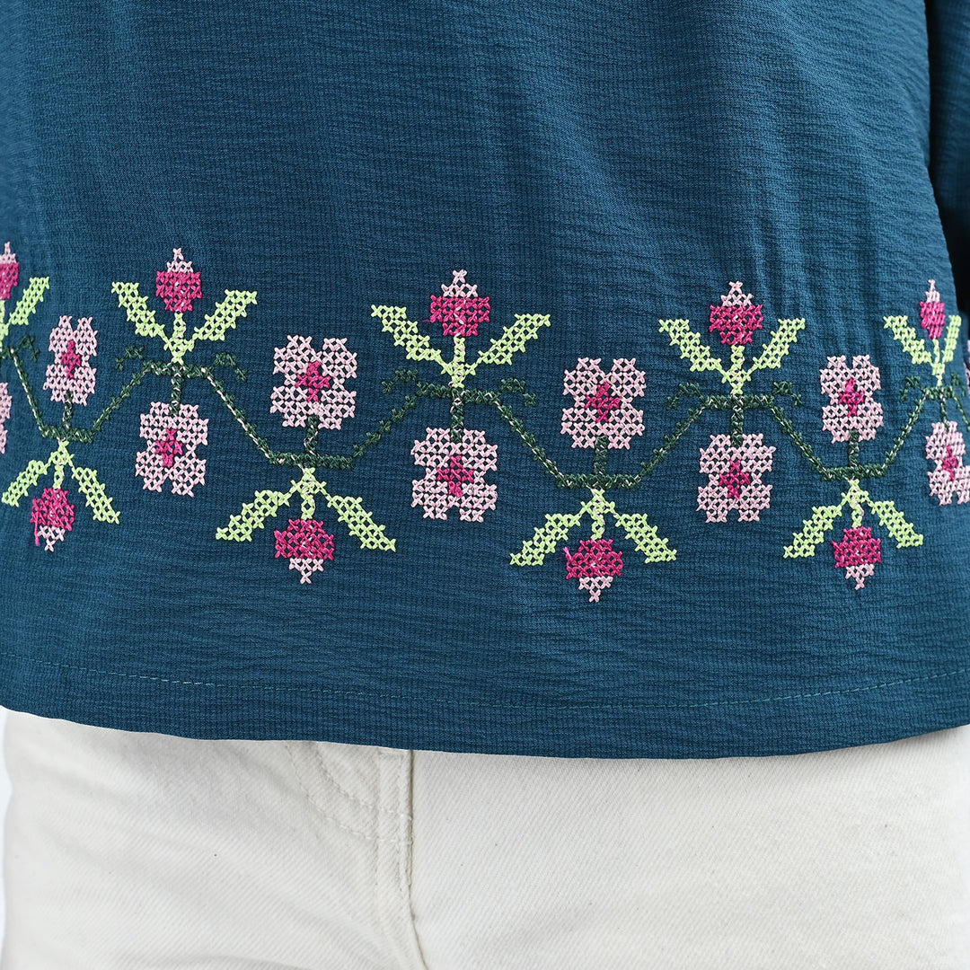 Girls Polyester Emb Top Cross Stitch- Teal
