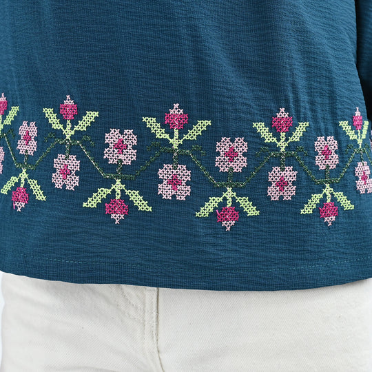 Girls Polyester Emb Top Cross Stitch- Teal