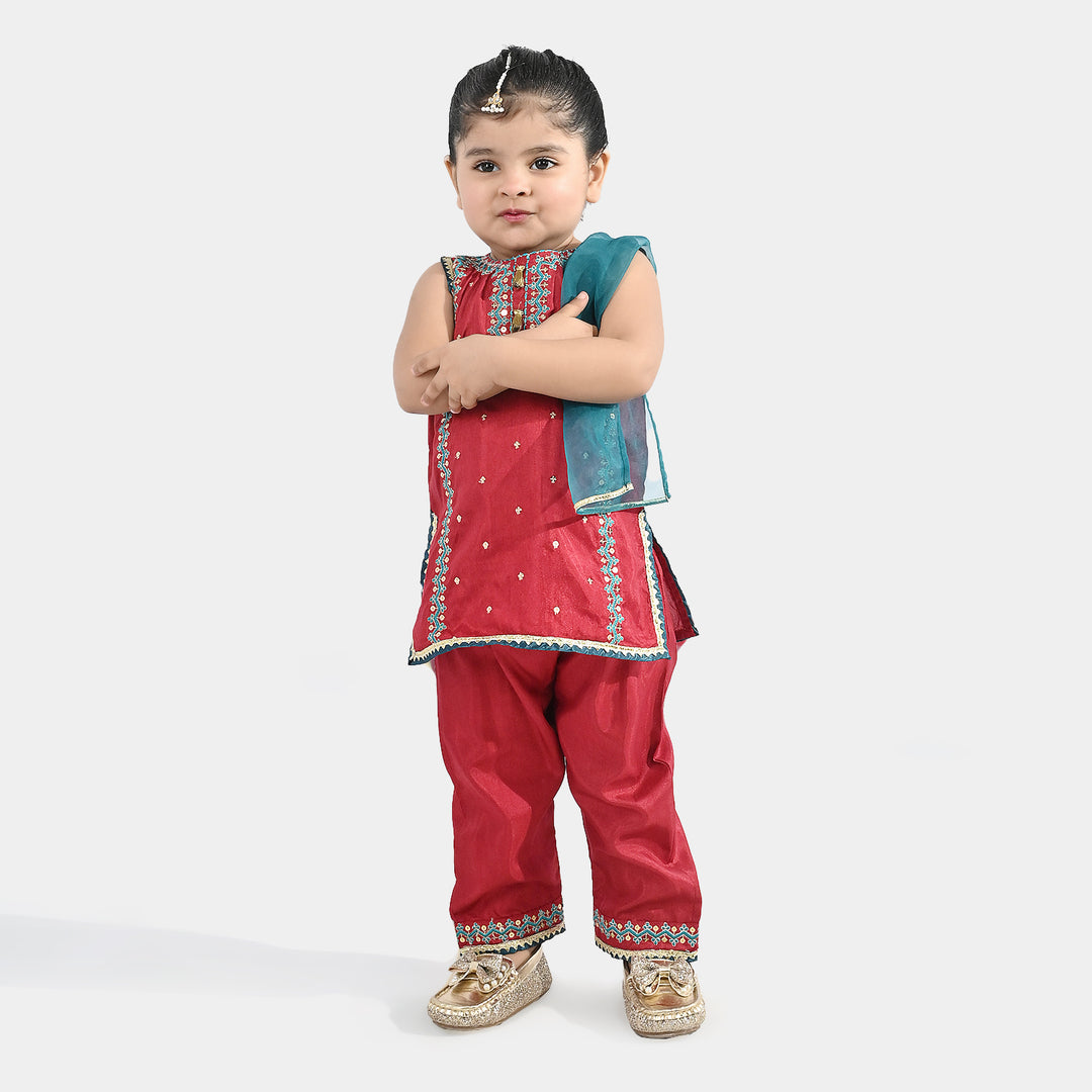 Infant Girls Raw Silk 3 Piece Suit (Naqsh) - Red