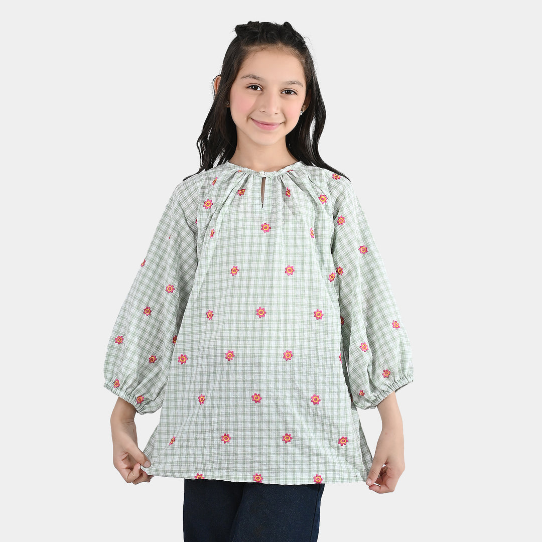 Girls Cotton Embroidered Top (Checks) - Pista Green