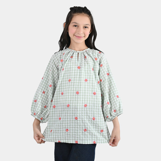 Girls Cotton Embroidered Top (Checks) - Pista Green