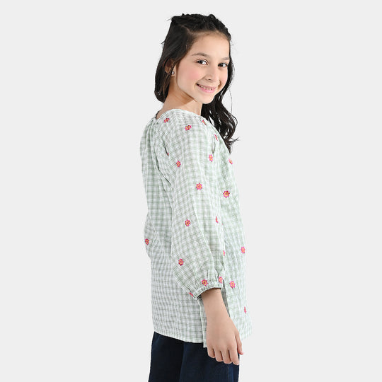 Girls Cotton Embroidered Top (Checks) - Pista Green