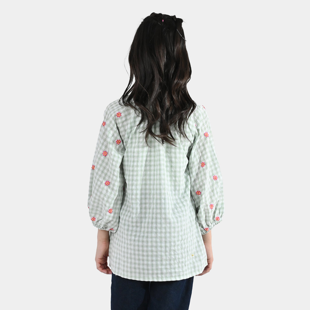 Girls Cotton Embroidered Top (Checks) - Pista Green