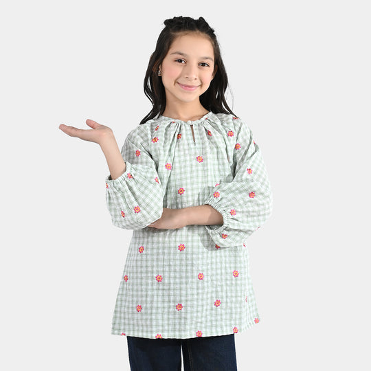 Girls Cotton Embroidered Top (Checks) - Pista Green