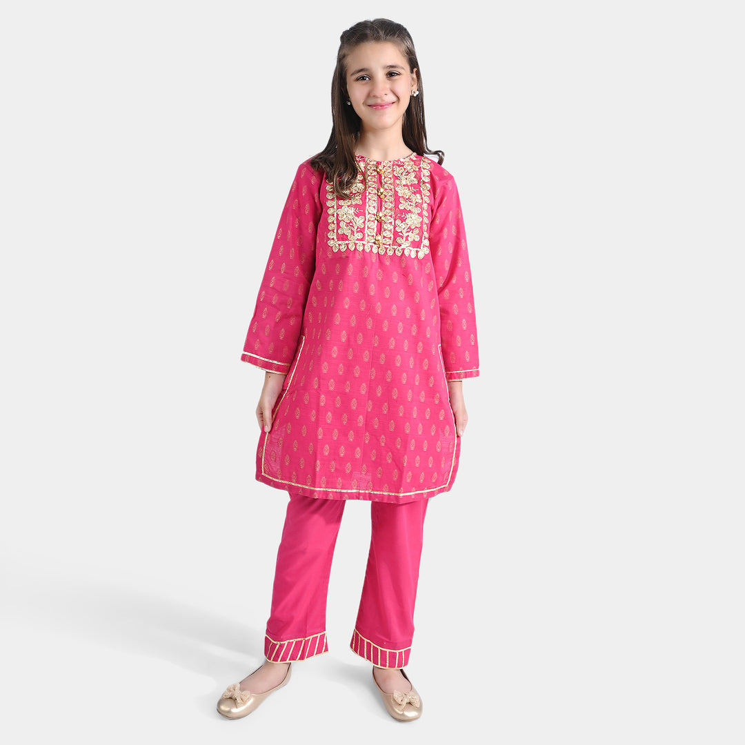 Girls Jacquard 2PC Suit Gota Pati-Paradise Pink