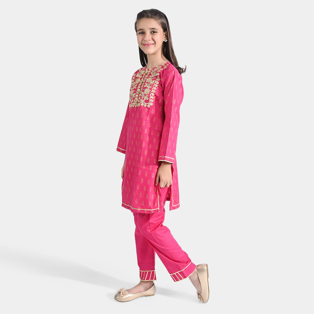 Girls Jacquard 2PC Suit Gota Pati-Paradise Pink
