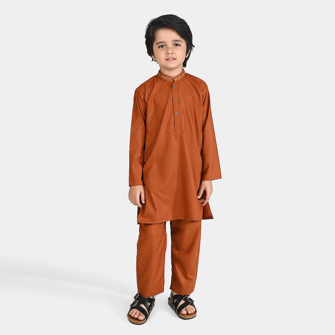 Boys Poly Viscose Kurta Pajama Suit (Collar EMB)-BROWN