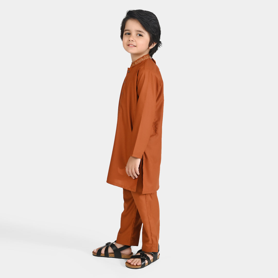 Boys Poly Viscose Kurta Pajama Suit (Collar EMB)-BROWN