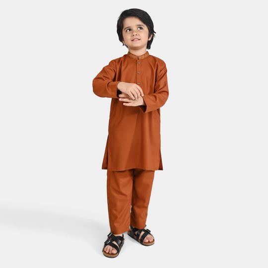 Boys Poly Viscose Kurta Pajama Suit (Collar EMB)-BROWN