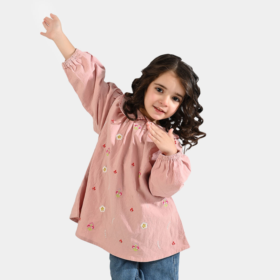 Girls Cotton Emb Top (Peter Pan) - Pink