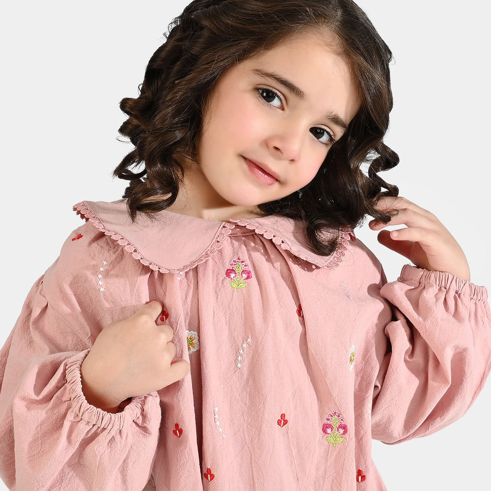 Girls Cotton Emb Top (Peter Pan) - Pink