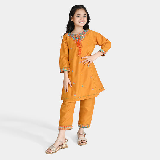 Girls Poly Cambric Embroidered 2Pcs (Marigold) - Yellow