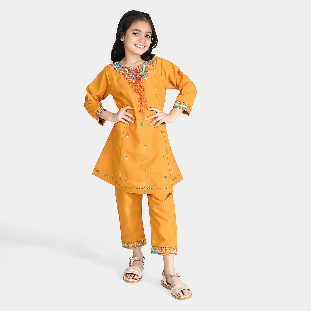 Girls Poly Cambric Embroidered 2Pcs (Marigold) - Yellow
