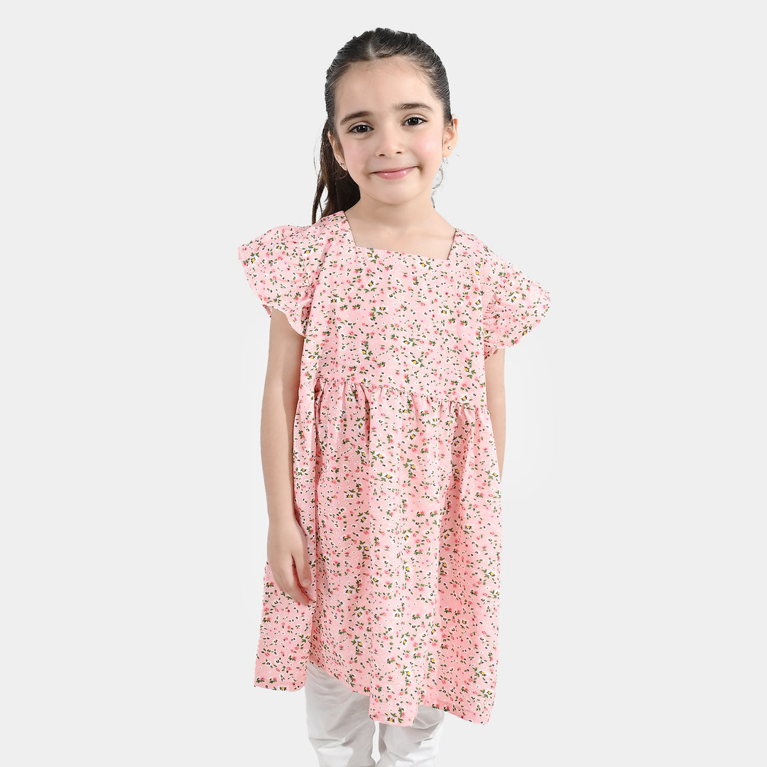Girls Cotton Casual Frock (Peach Punch) - Pink