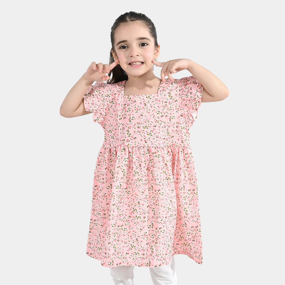 Girls Cotton Casual Frock (Peach Punch) - Pink