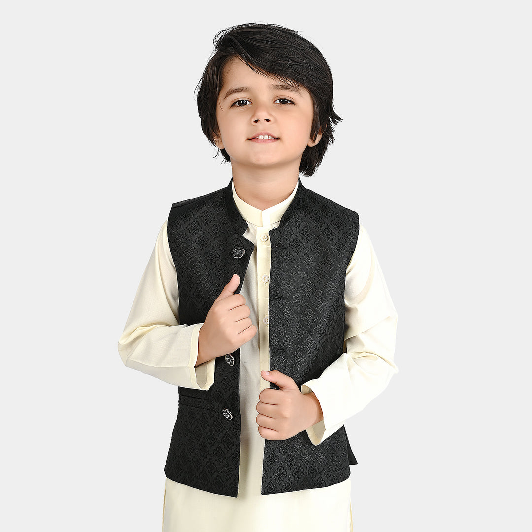 Boys Poly Viscose Waistcoat (Self Textured)-BLACK